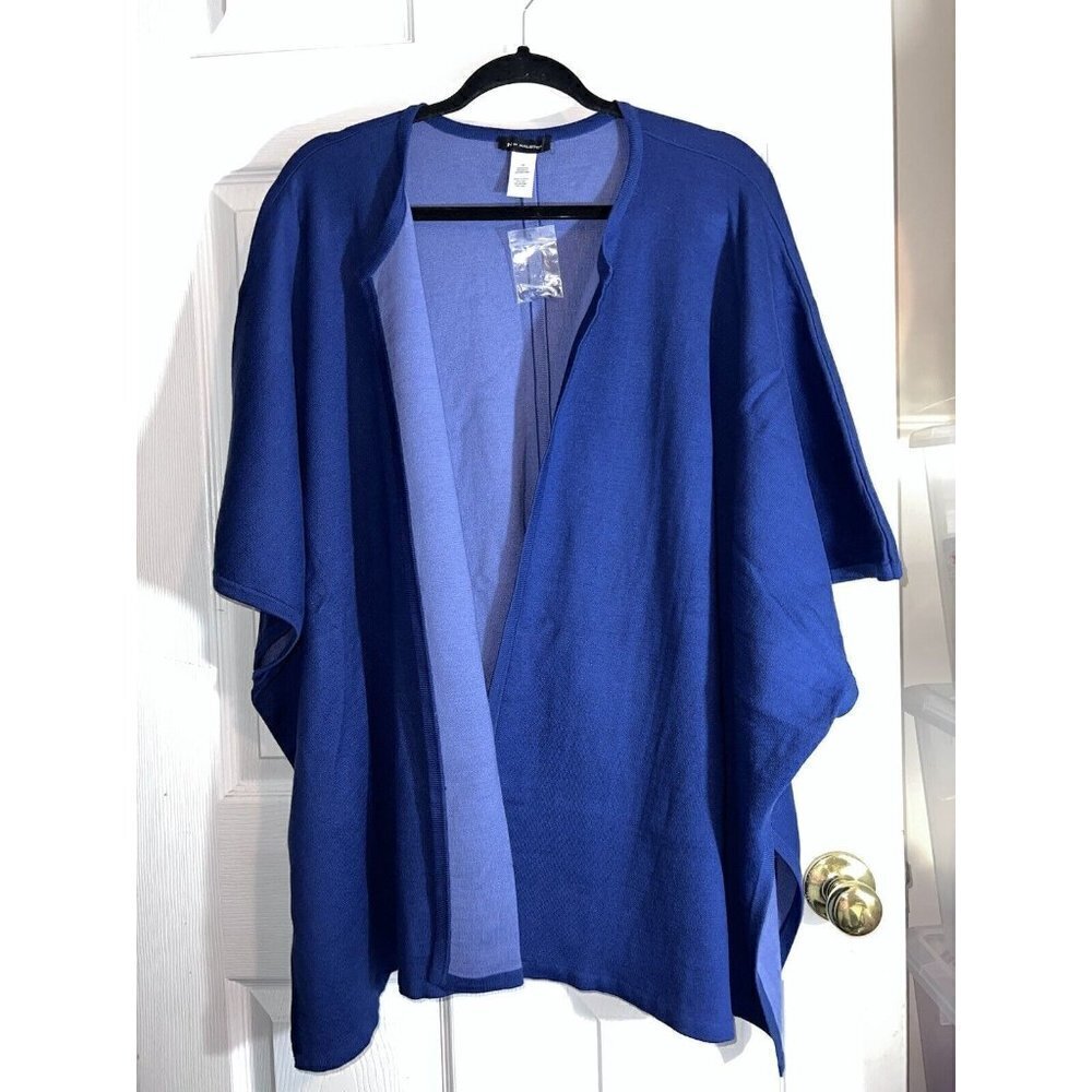 H BY HALSTON  Open Front Double Cotton Blend Knit Tonal Poncho BLUE